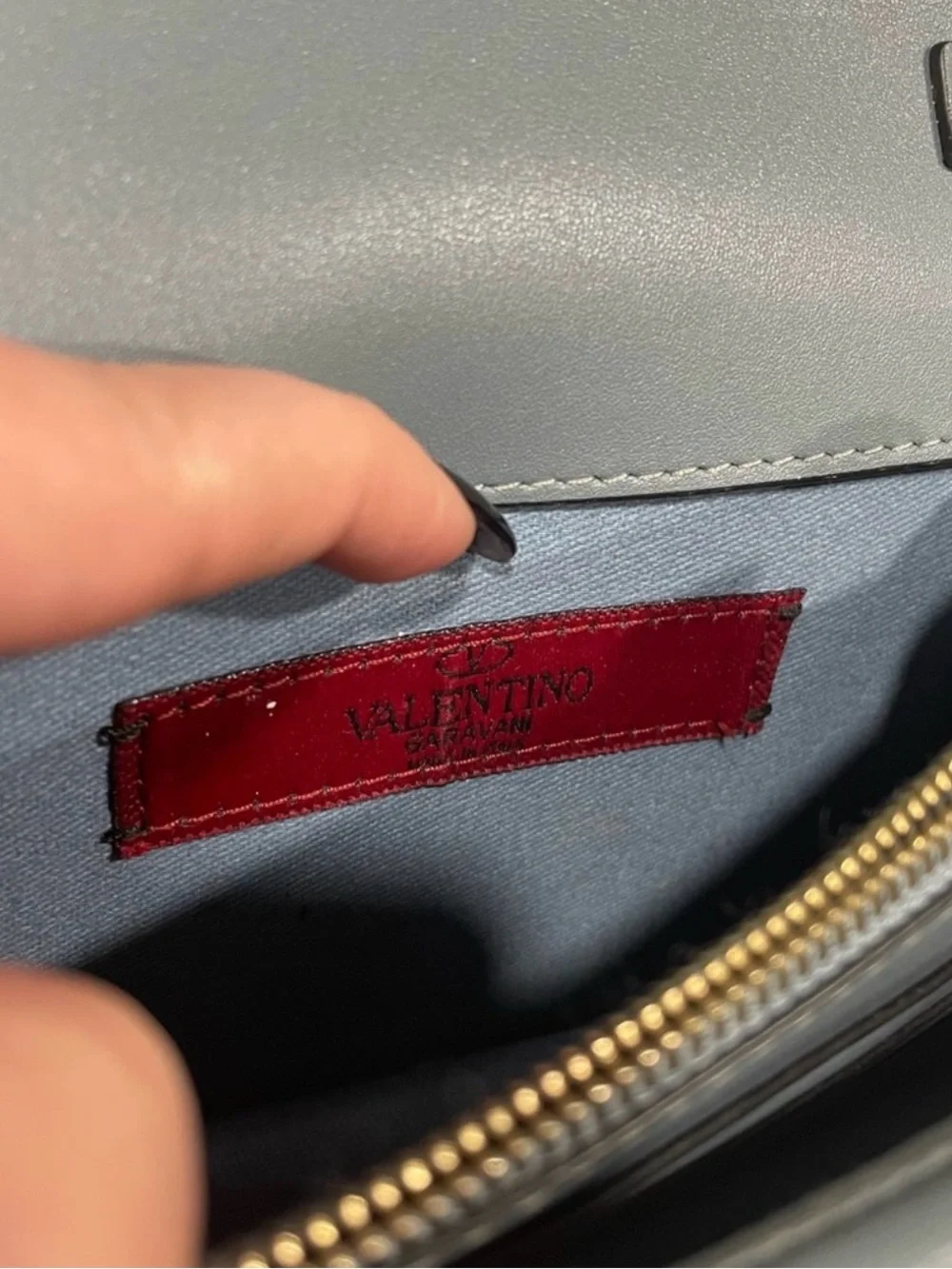Valentino Garavani authentic Slate Blue Rockstud Crossbody with Gold Chain